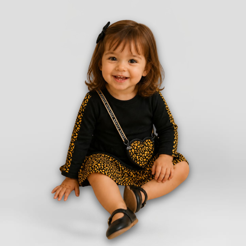 Vestido Infantil Pequena Onça com Bolsa Coração