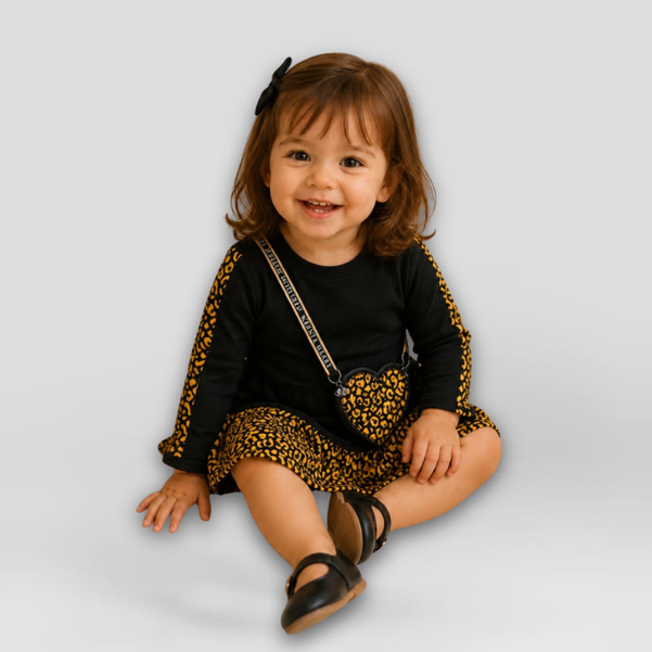 Vestido Infantil Pequena Onça com Bolsa Coração