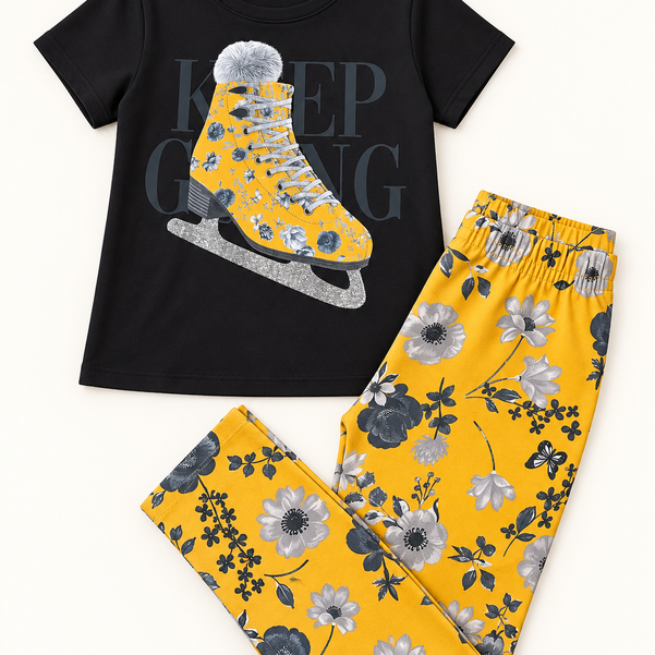 Conjunto Infantil Menina Patins Floral – Preto e Amarelo | 6 anos 🖤💛