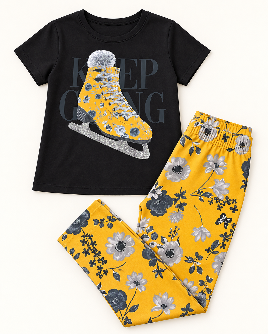 Conjunto Infantil Menina Patins Floral – Preto e Amarelo | 6 anos 🖤💛