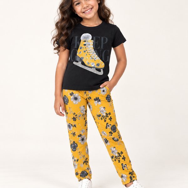 Conjunto Infantil Menina Patins Floral – Preto e Amarelo | 6 anos 🖤💛