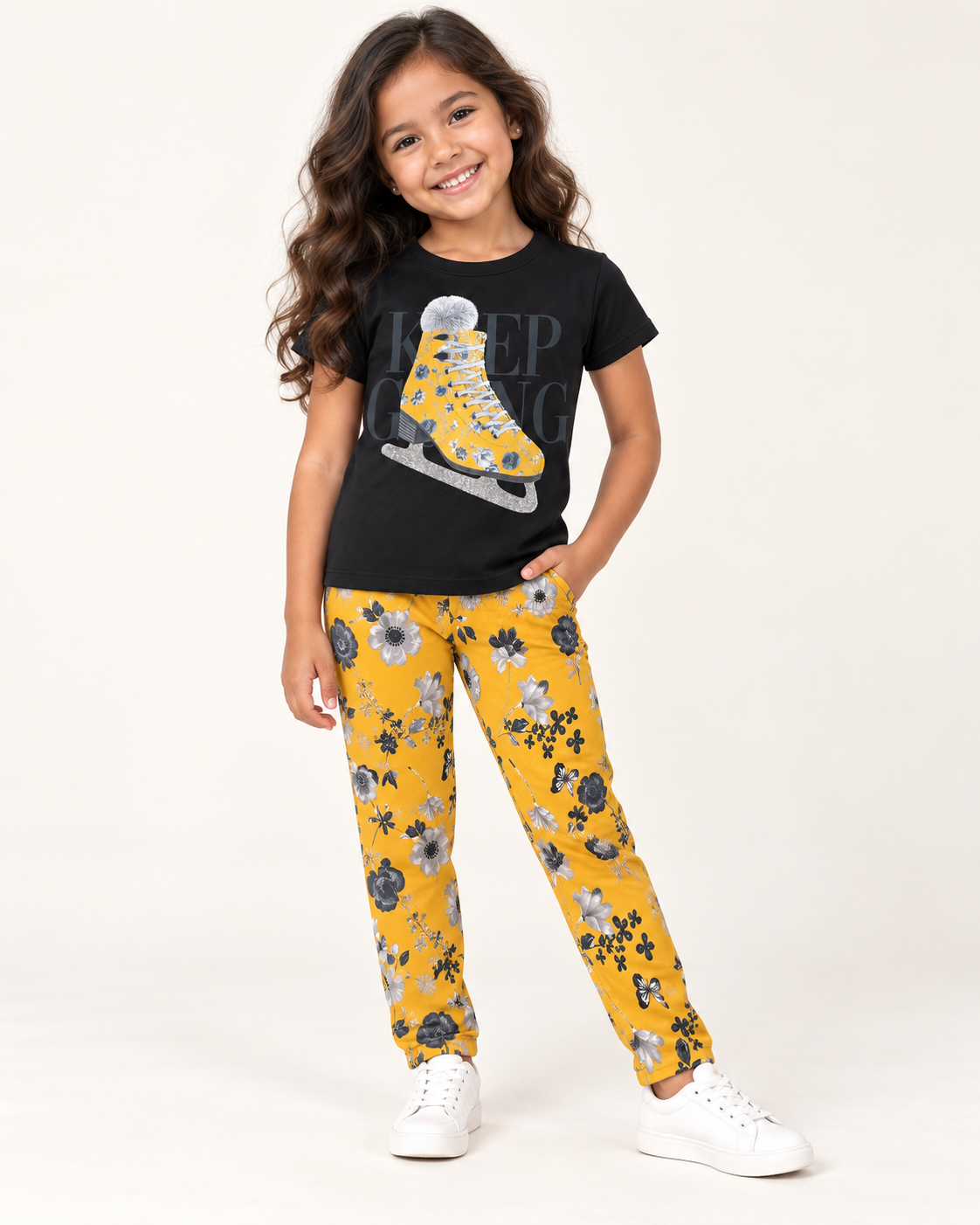 Conjunto Infantil Menina Patins Floral – Preto e Amarelo | 6 anos 🖤💛