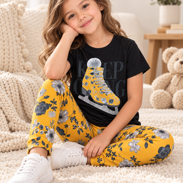 Conjunto Infantil Menina Patins Floral – Preto e Amarelo | 6 anos 🖤💛