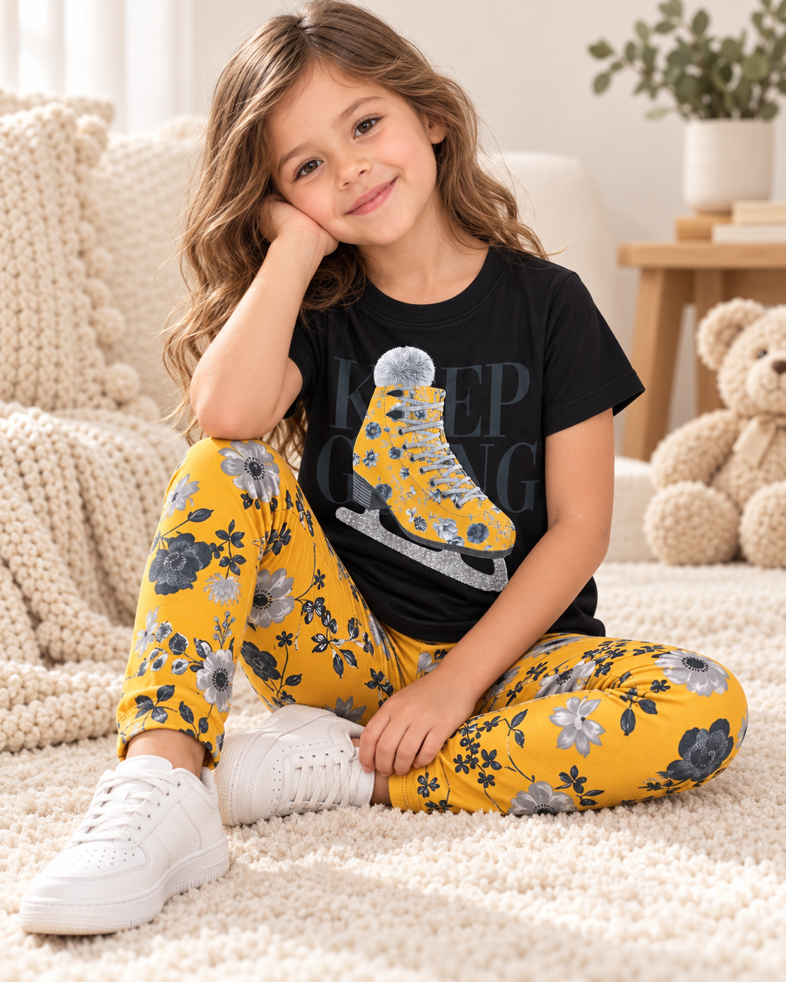 Conjunto Infantil Menina Patins Floral – Preto e Amarelo | 6 anos 🖤💛