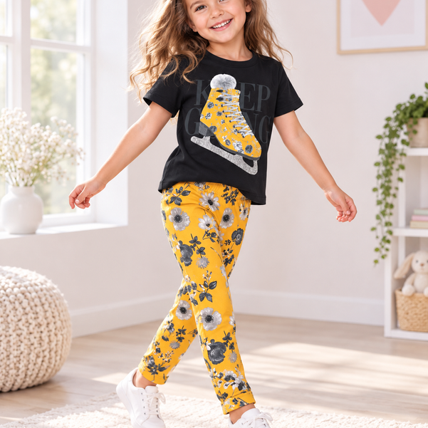 Conjunto Infantil Menina Patins Floral – Preto e Amarelo | 6 anos 🖤💛