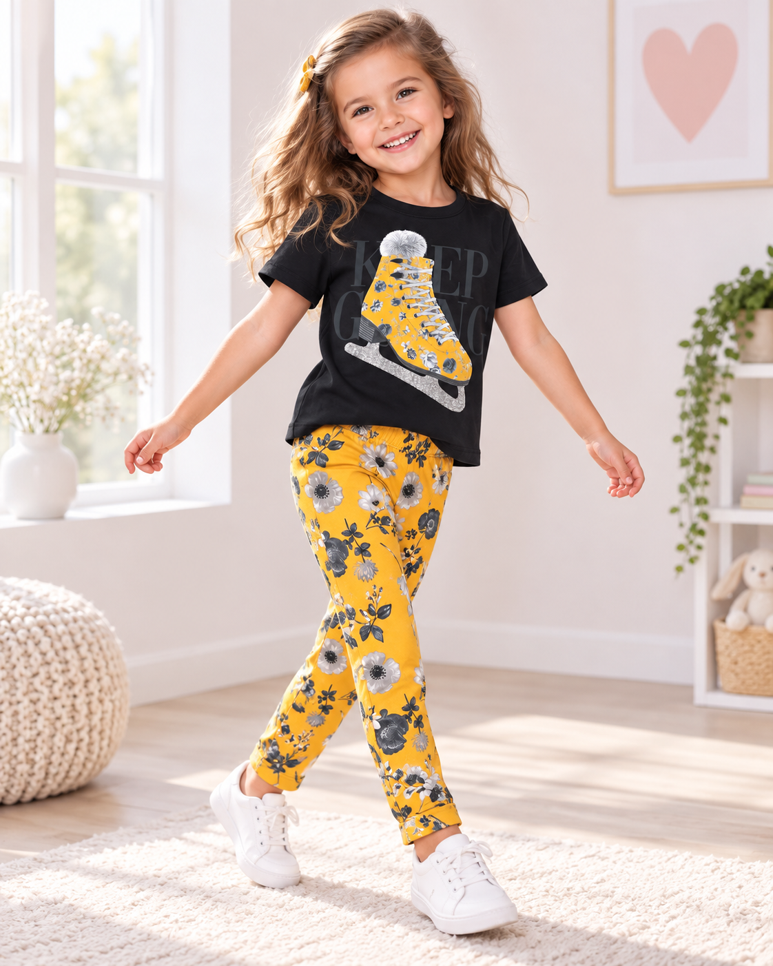 Conjunto Infantil Menina Patins Floral – Preto e Amarelo | 6 anos 🖤💛