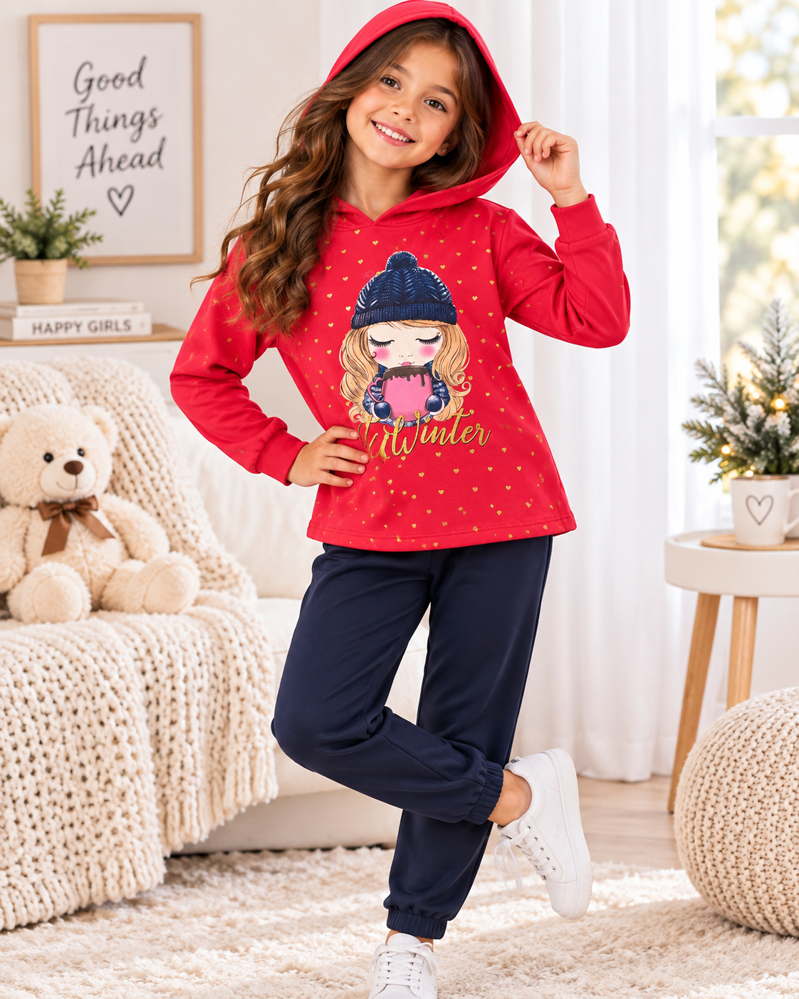 Conjunto Infantil Menina Winter – Vermelho e Marinho | 8 anos ❤️❄️