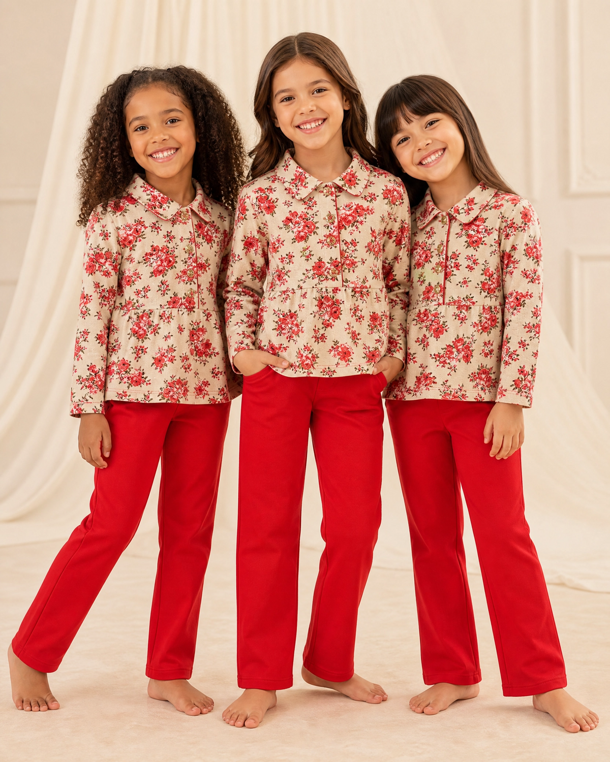 Conjunto Infantil Floral Vermelho – Blusa de Manga Longa e Calça