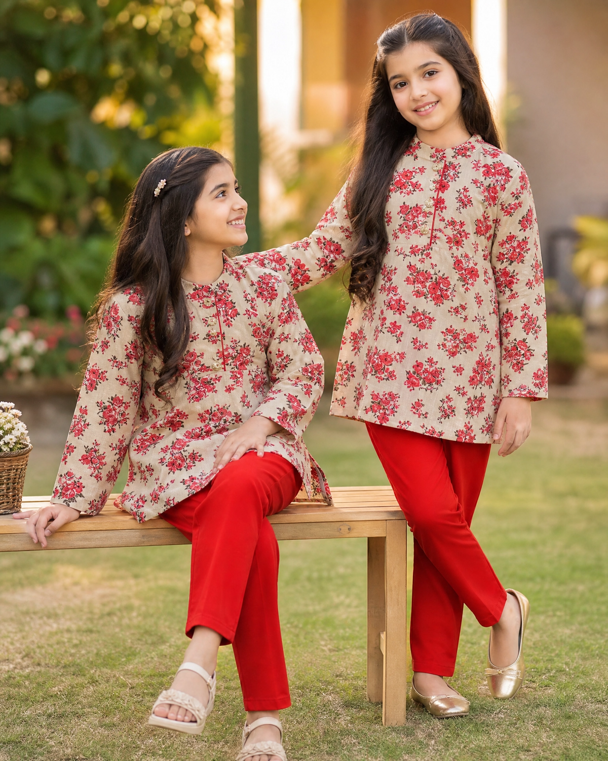 Conjunto Infantil Floral Vermelho – Blusa de Manga Longa e Calça