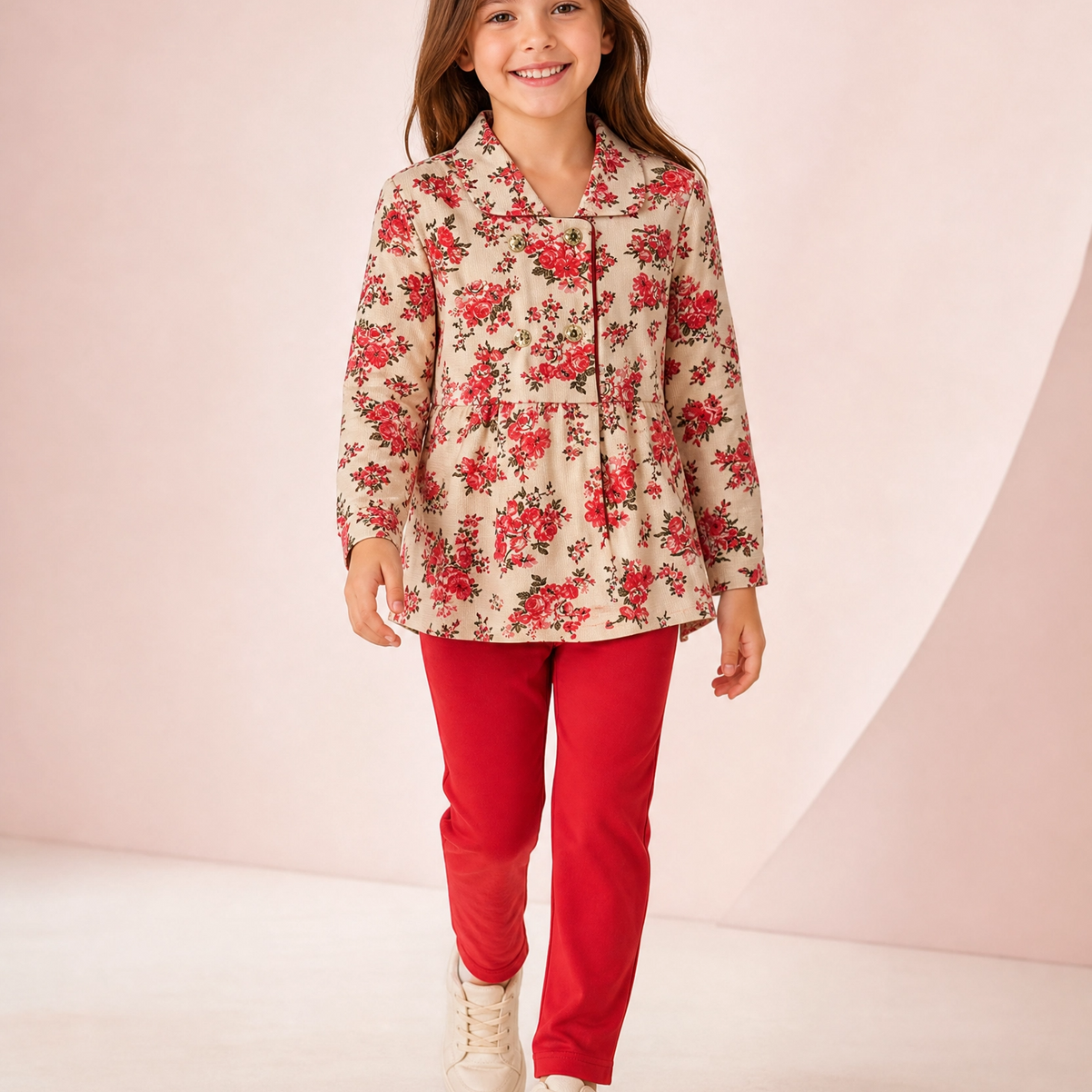Conjunto Infantil Floral Vermelho – Blusa de Manga Longa e Calça