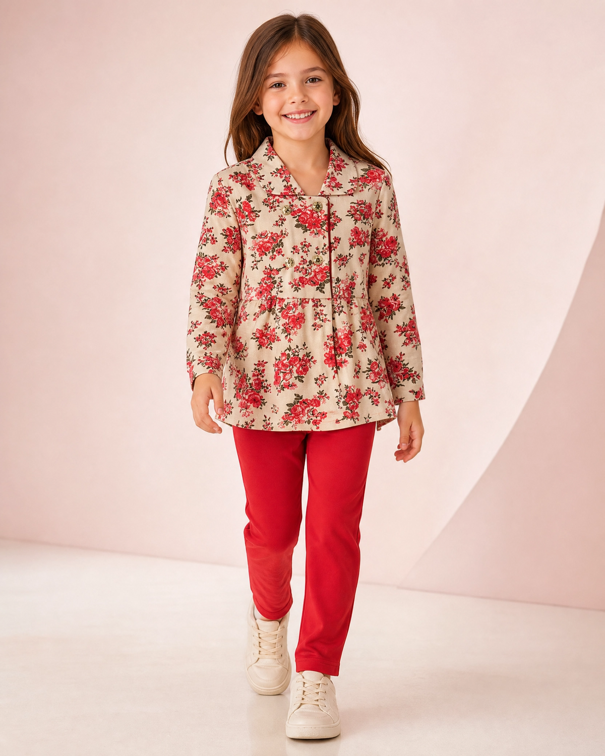 Conjunto Infantil Floral Vermelho – Blusa de Manga Longa e Calça